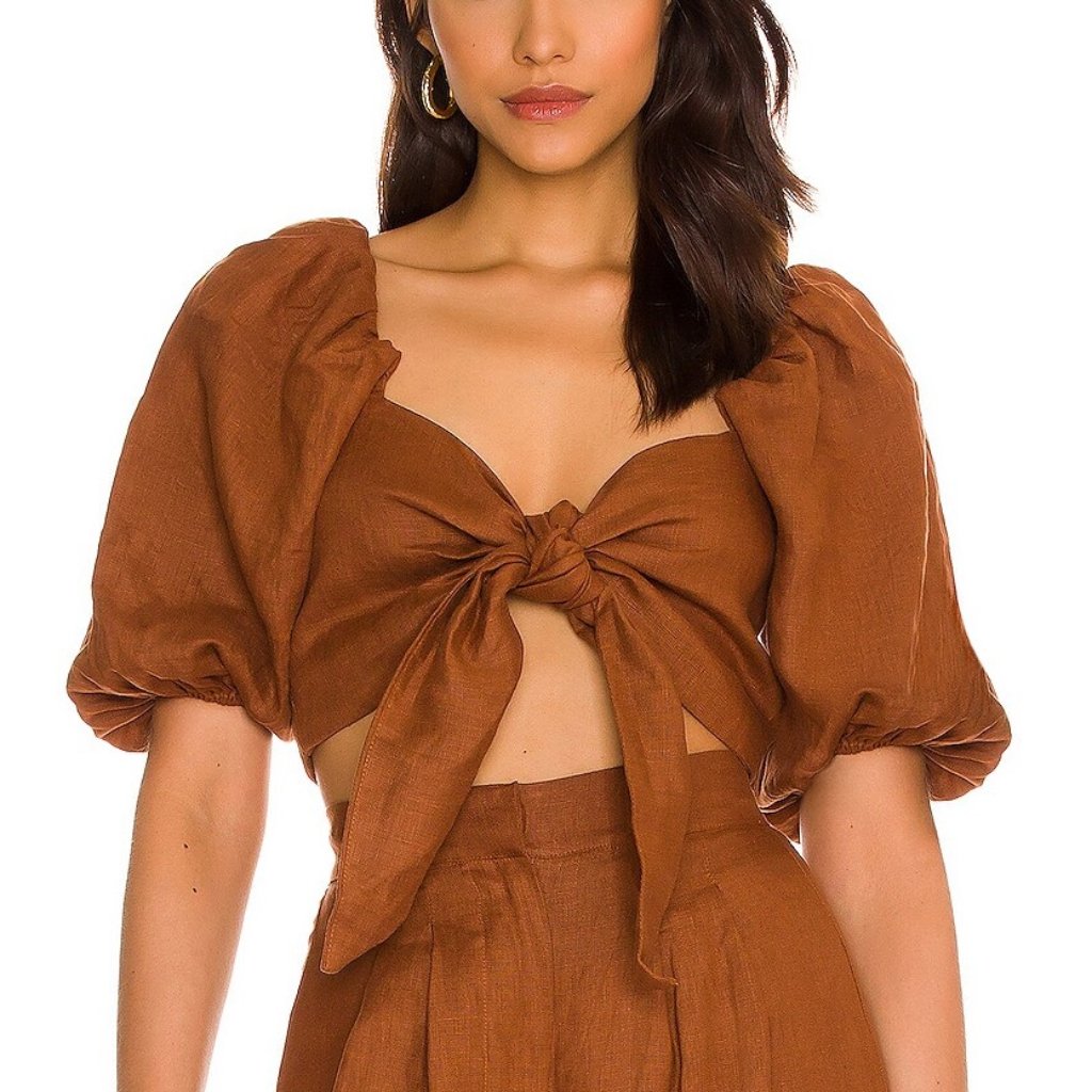 Faithfull The Brand Idrissy Linen Crop Top S Chestnut Brown Puff Sleeve Boho